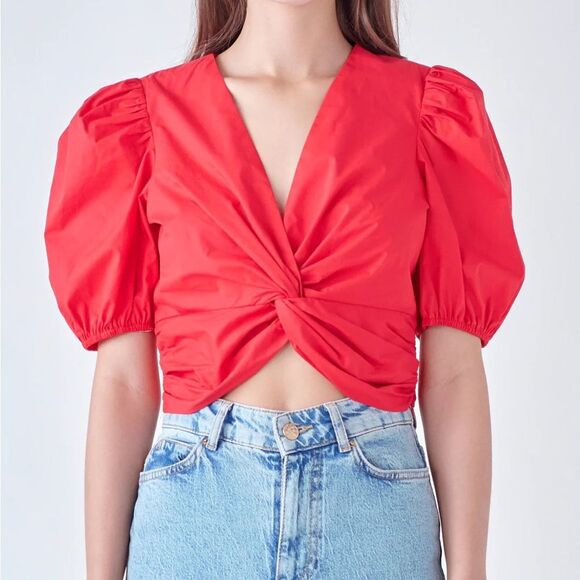 English Factory Twist Detail Blouse Top size L NWT Red Short Puff Sleeve Cotton - Picture 1 of 10
